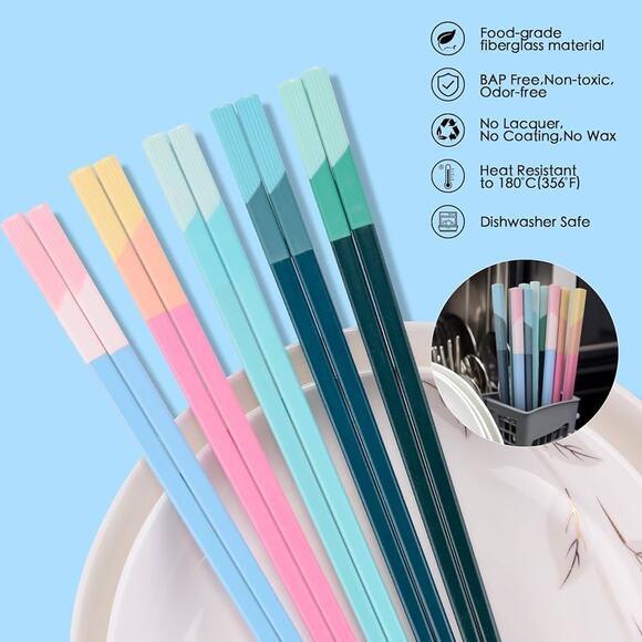 Chopsticks Reusable Dishwasher Safe, 5 Pairs 9.5 Inches Pink + Light Blue - Picture 6 of 12